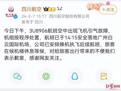 ​川航3U8906出现飞机引气故障，紧急备降广州，川航发微博致歉