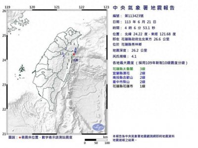 ​台湾花莲秀林凌晨突发4.1级地震，太鲁阁震感强烈