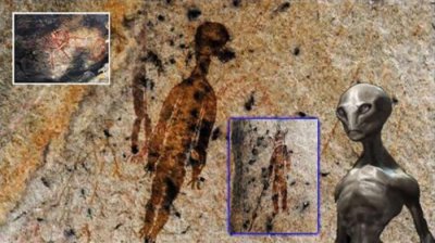 ​印度洞穴万年前壁画上画着外星人和不明飞行物UFO的图像